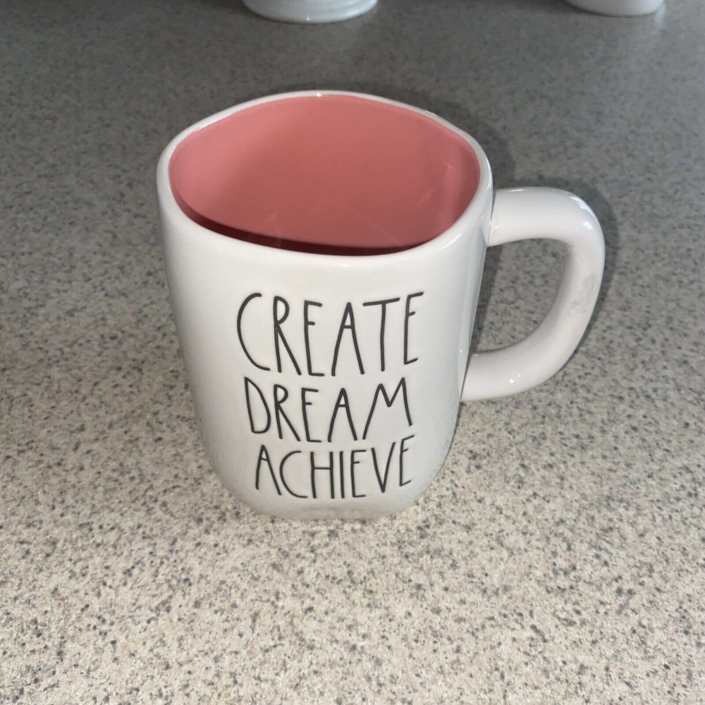 Rae Dunn CREATE DREAM ACHIEVE Inspirational Mug Coffee Tea Pink Interior - Picture 1 of 4